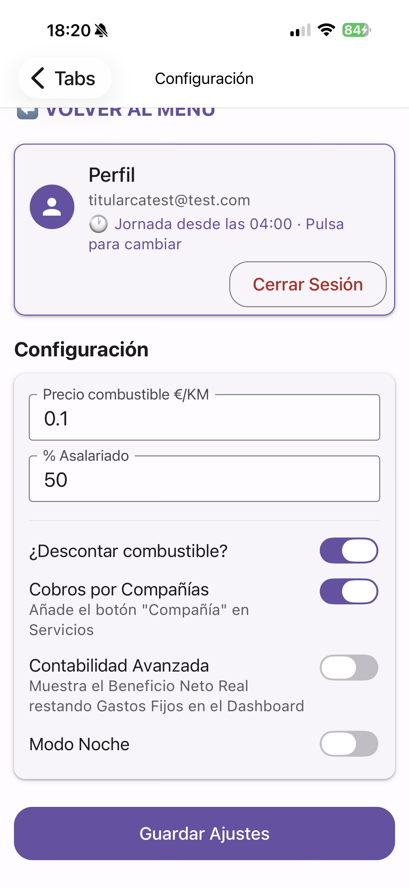 Pantalla de ajustes