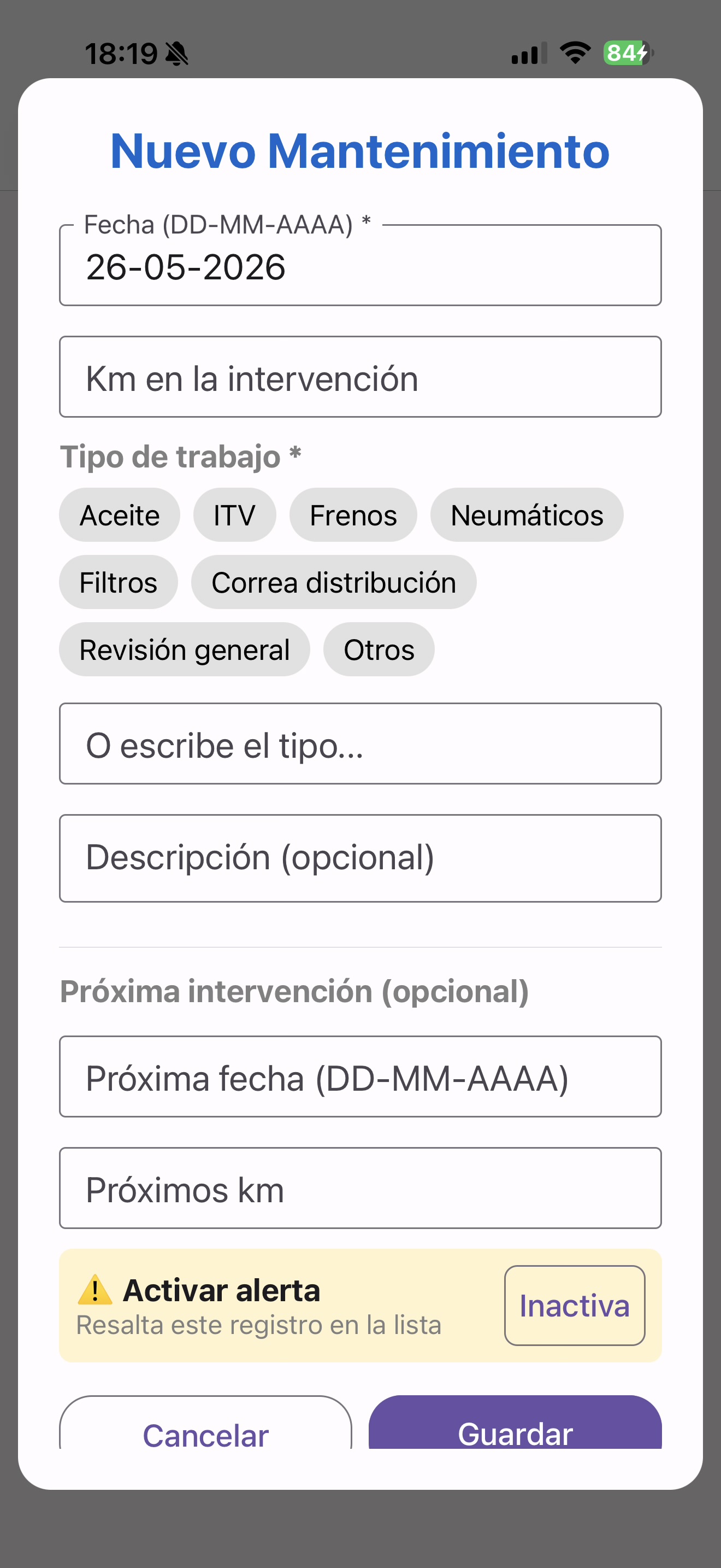 Añadir mantenimiento