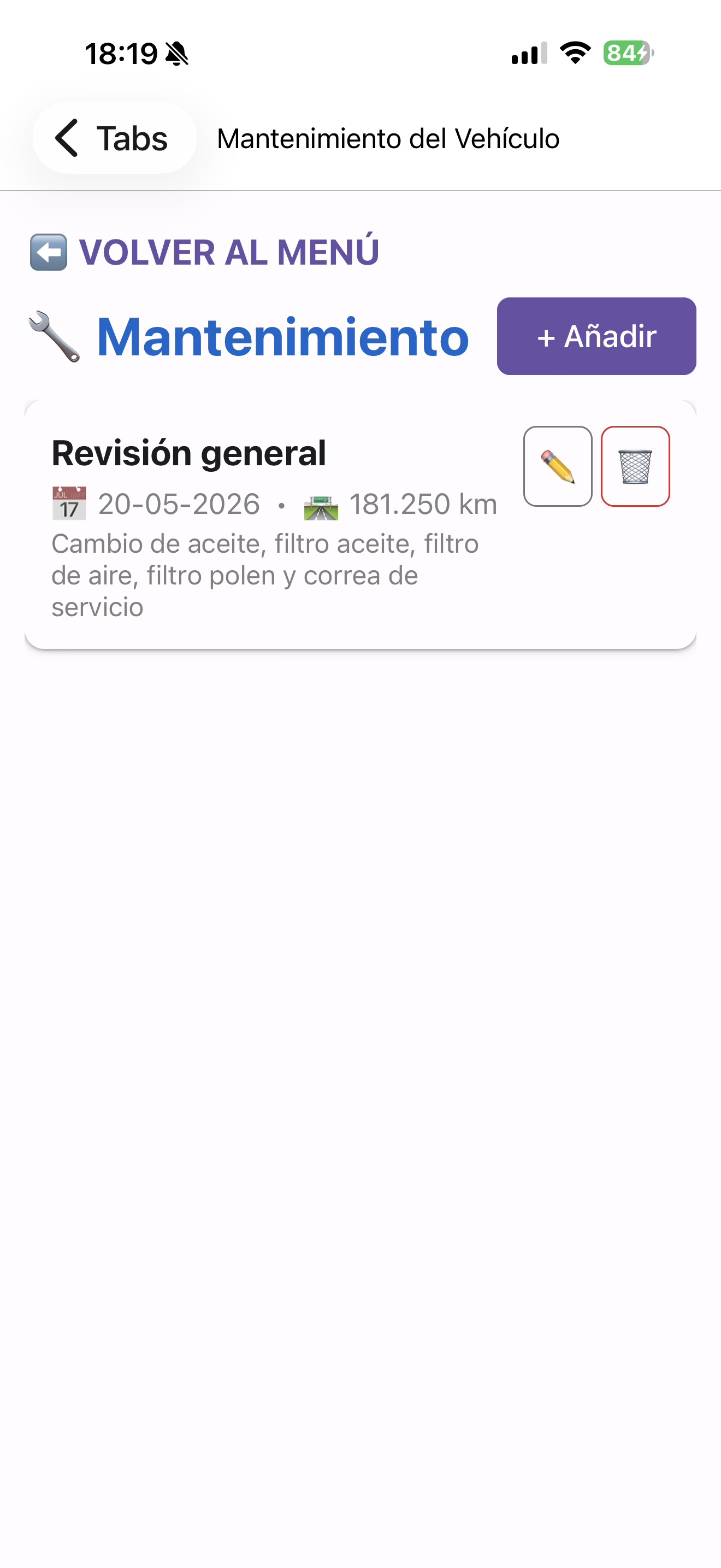 Lista de mantenimiento