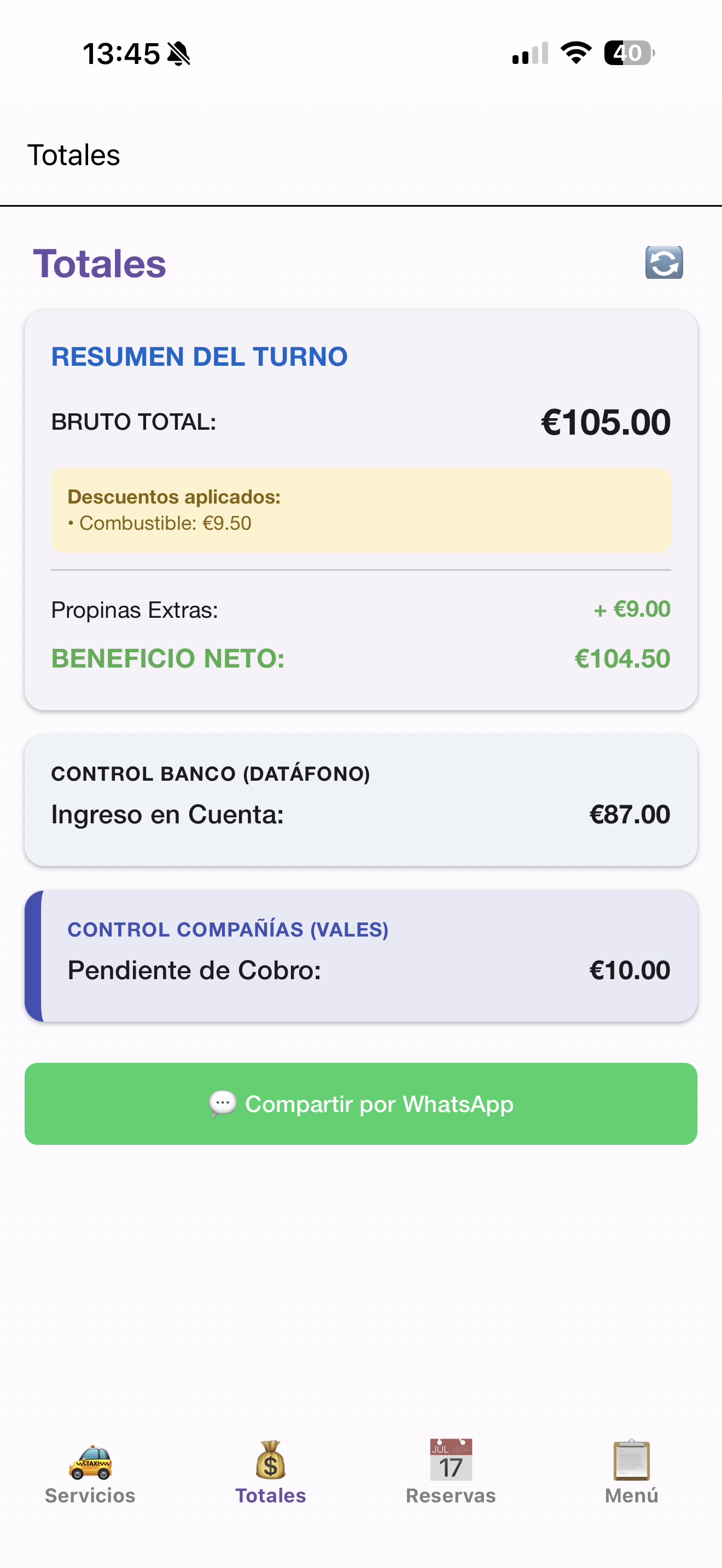 Pantalla de totales